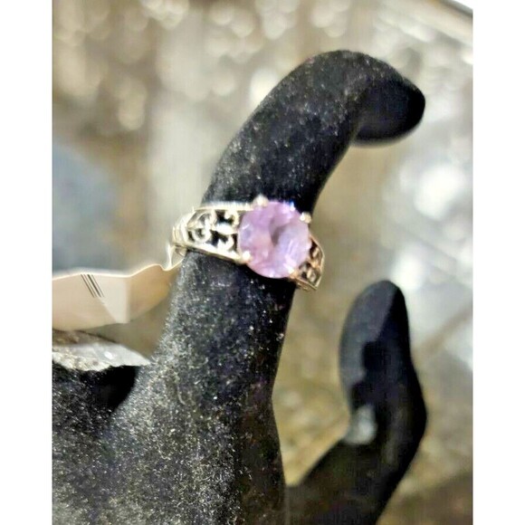 Round Amethyst, gemstone Art Deco design Sterling Silver 925 Ring Filigree sz 5 - Picture 10 of 14